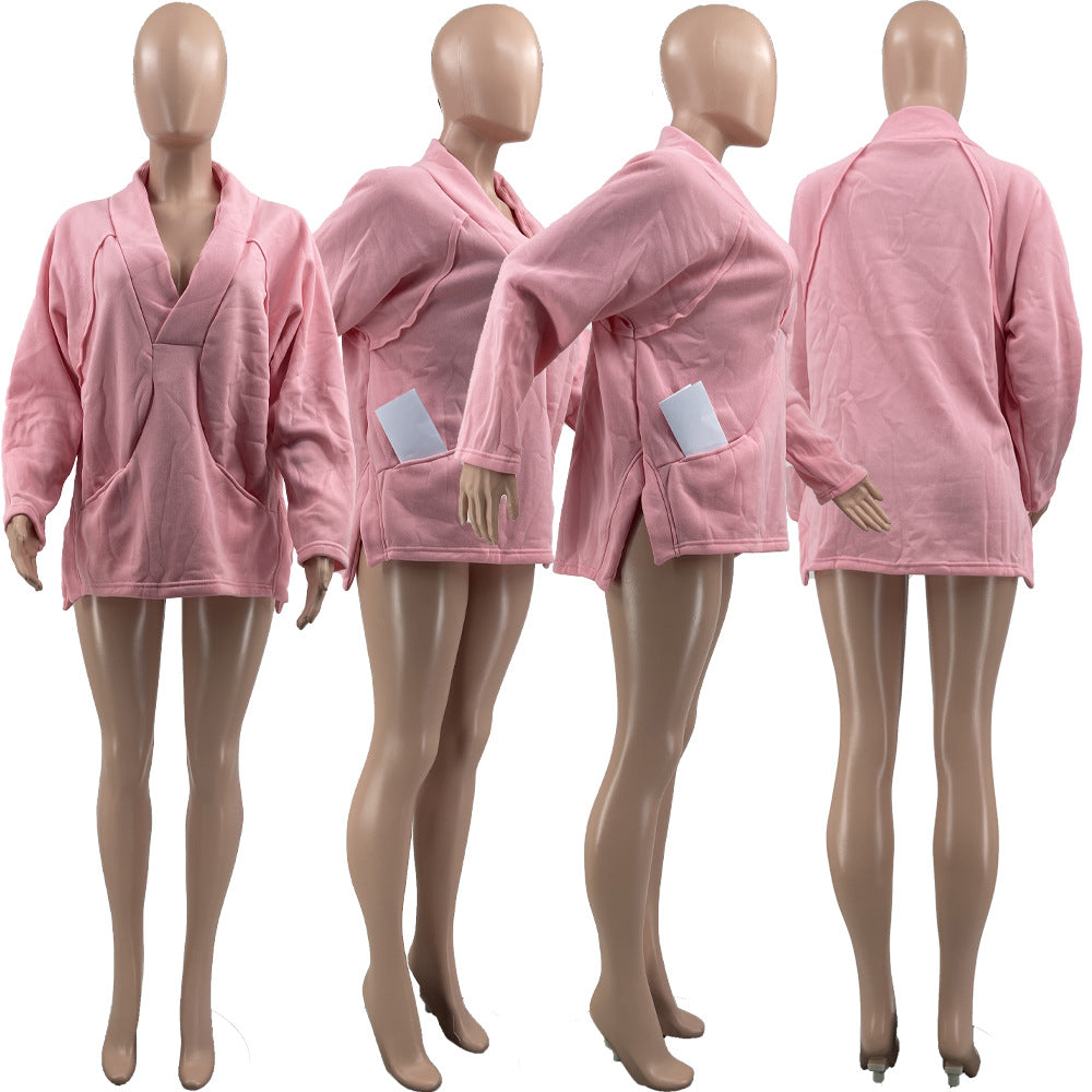 Casual Deep V-Neck Loose Pocket Sweatshirt for Women