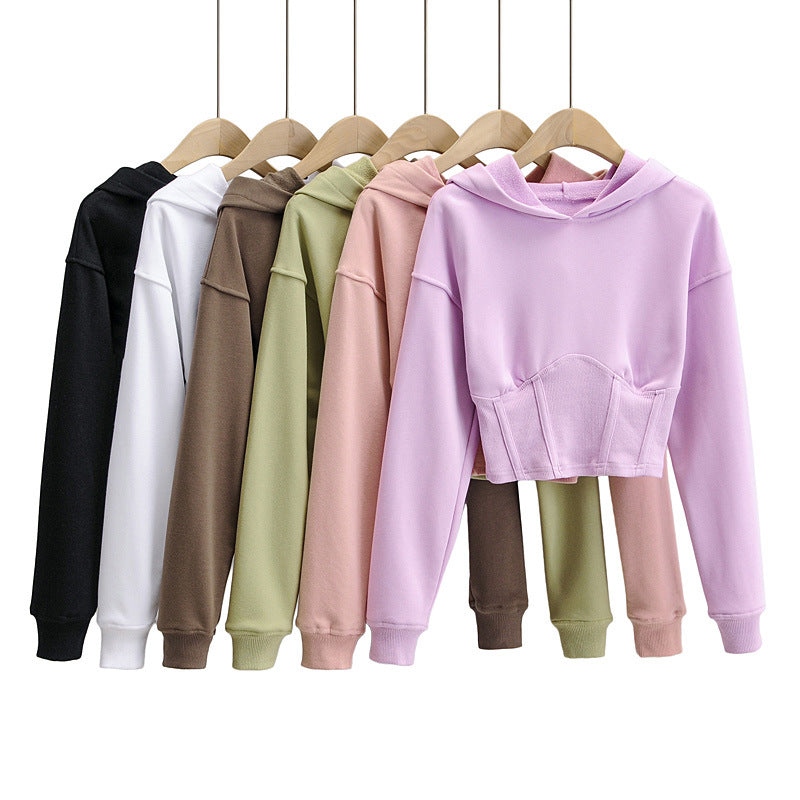 European And American Slim Fitting Navel Solid Hooded Sweater