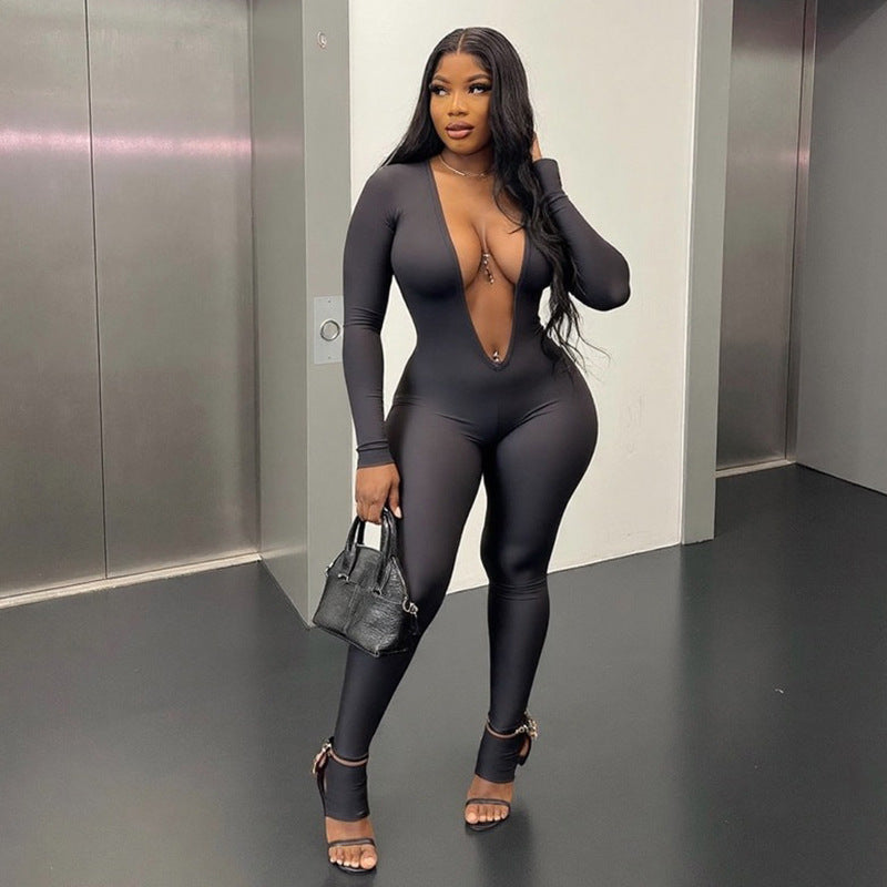 Sexy Backless Deep V Long Sleeve Tight Jumpsuit