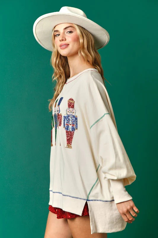 Women's Christmas Sequined Padded Top Long-sleeved Sweater