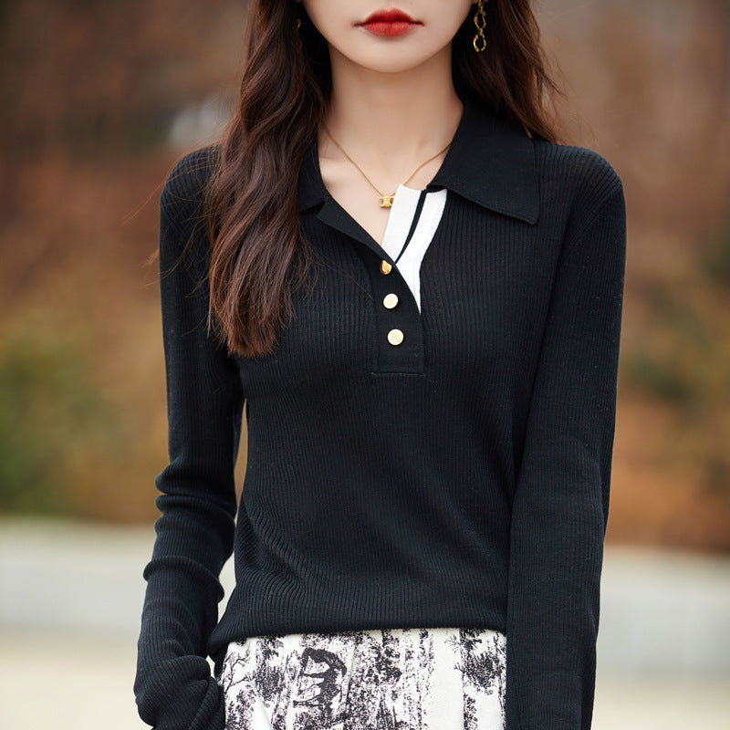 Spring Color Stitching Turnover Neck Design Women's Tencel Sweater