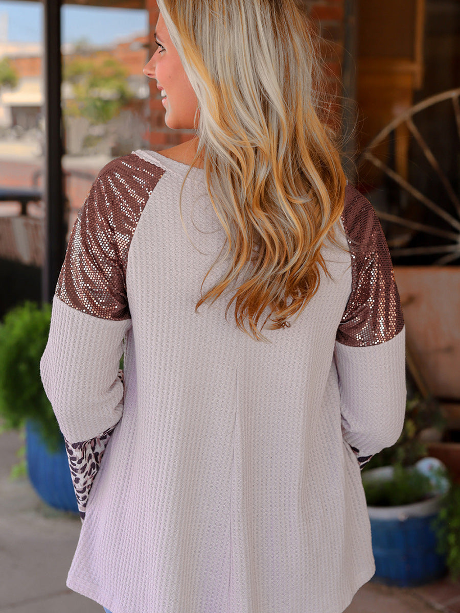 Chic Leopard Print Sequin Pullover Sweater