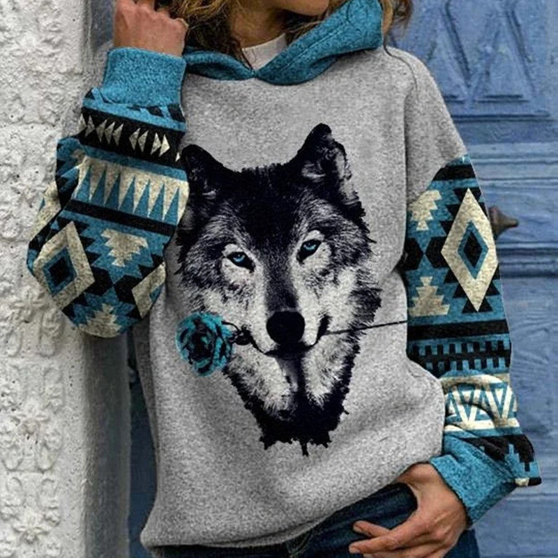 Women's Casual Printed Long-Sleeve Hooded Sweater
