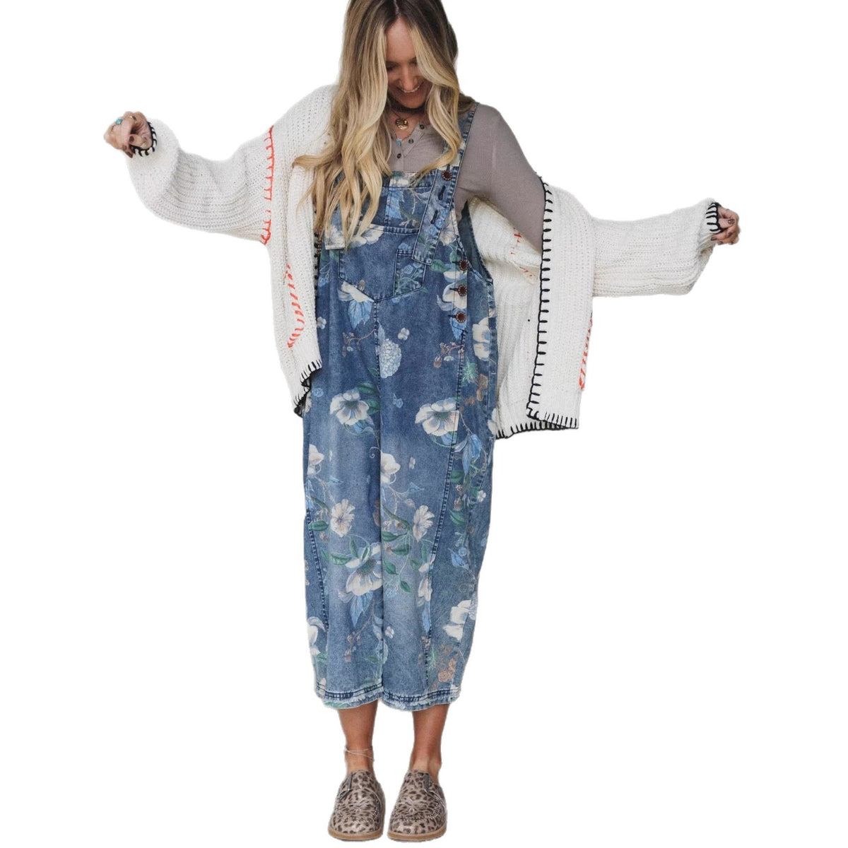 Women's Printed Denim Straight-Leg Trousers