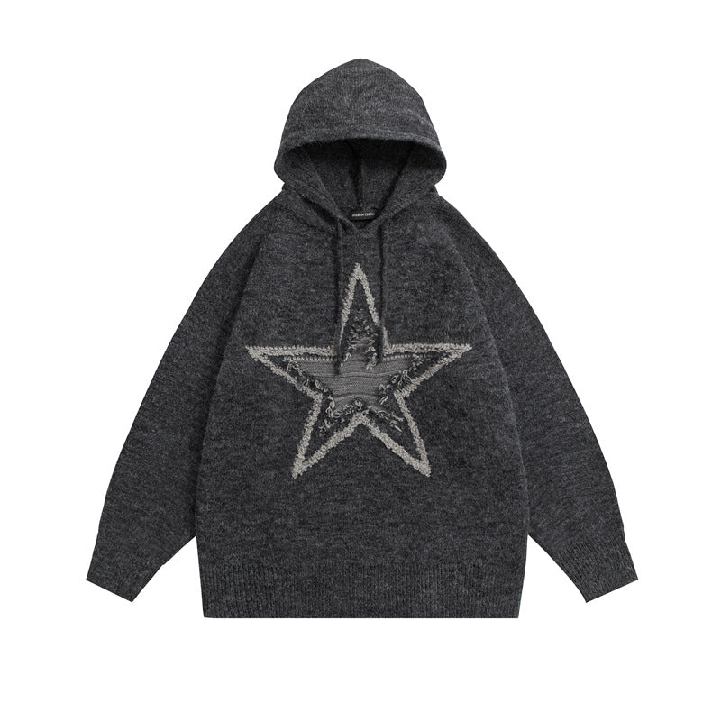 Star Jacquard Oversized Hooded Knit Sweater