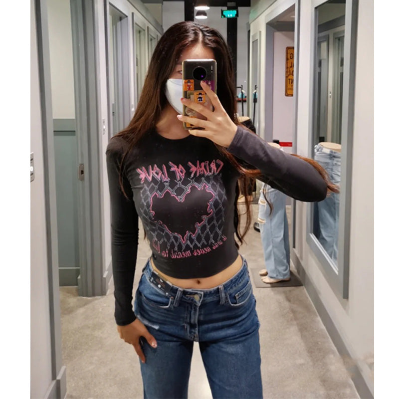 Vintage Geometric Print Long-Sleeve Slim T-Shirt
