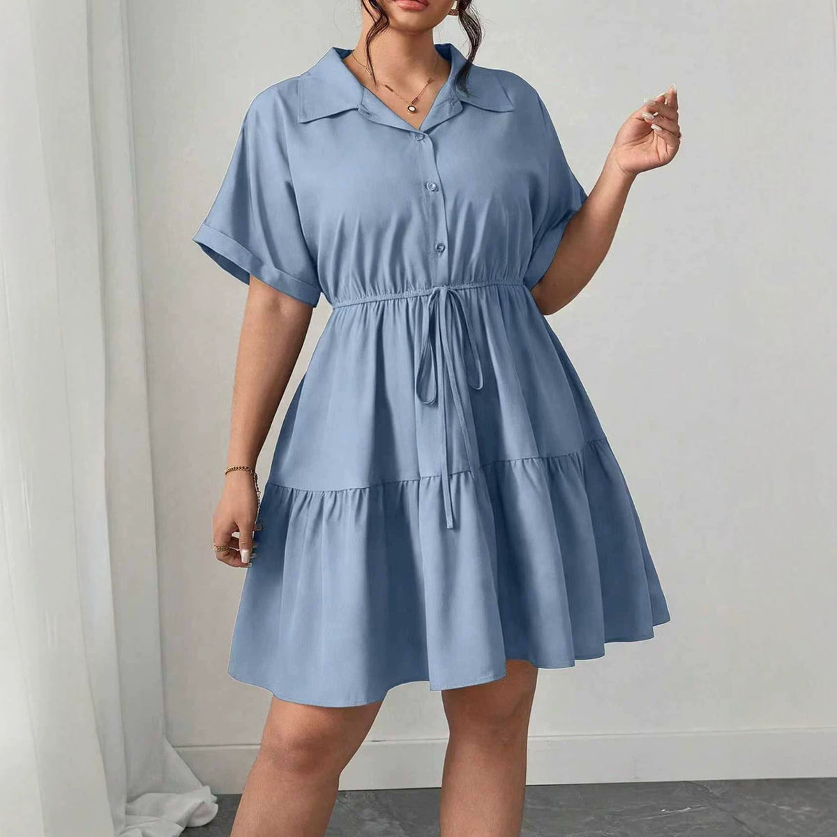 Turn-down Collar Solid-color Short Dress