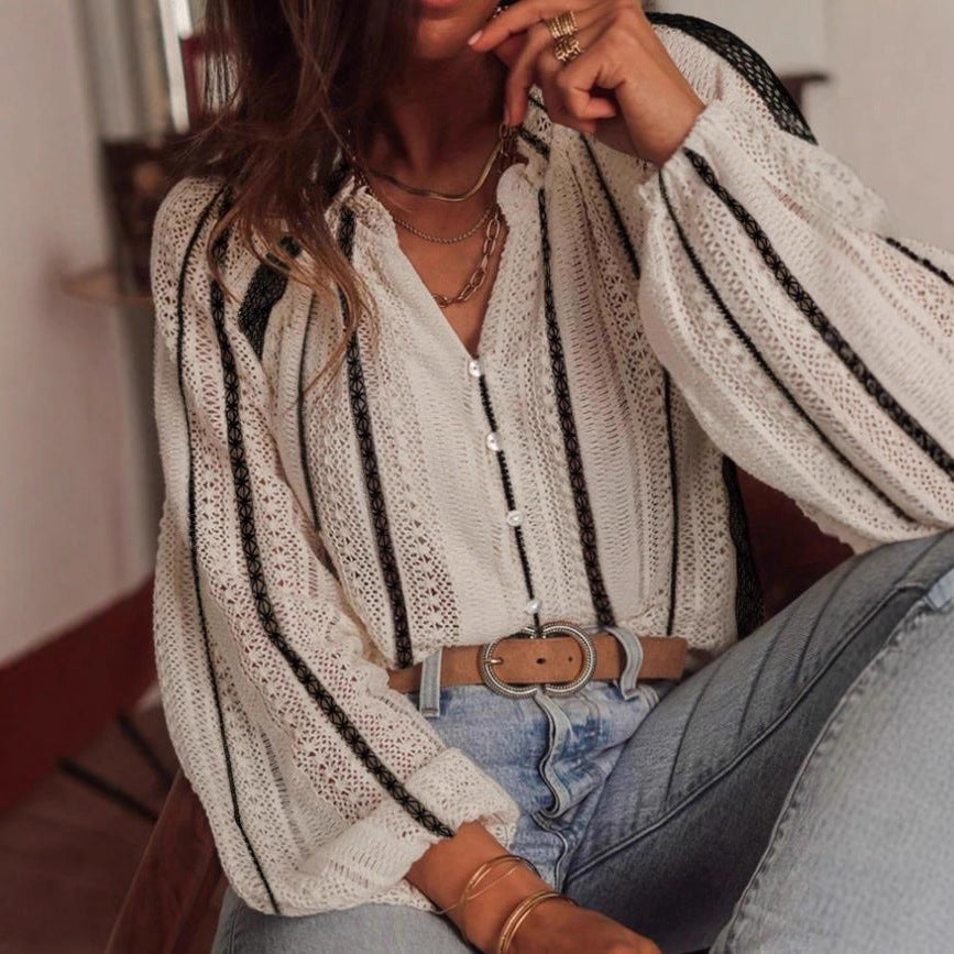 Bubble-sleeve Geometric-patterned Sheer Button-up Shirt