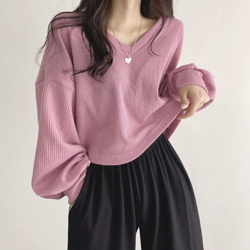 Womens Casual Versatile Solid-color Pullover Knit Sweater Top