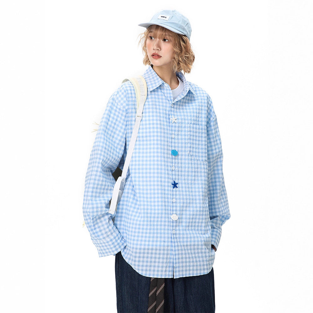 Cartoon Button Dopamine Plaid Long-Sleeve Shirt