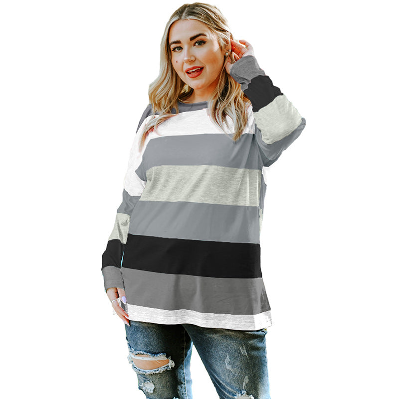 Plus Size Green Color Block Loose Long Sleeve Top