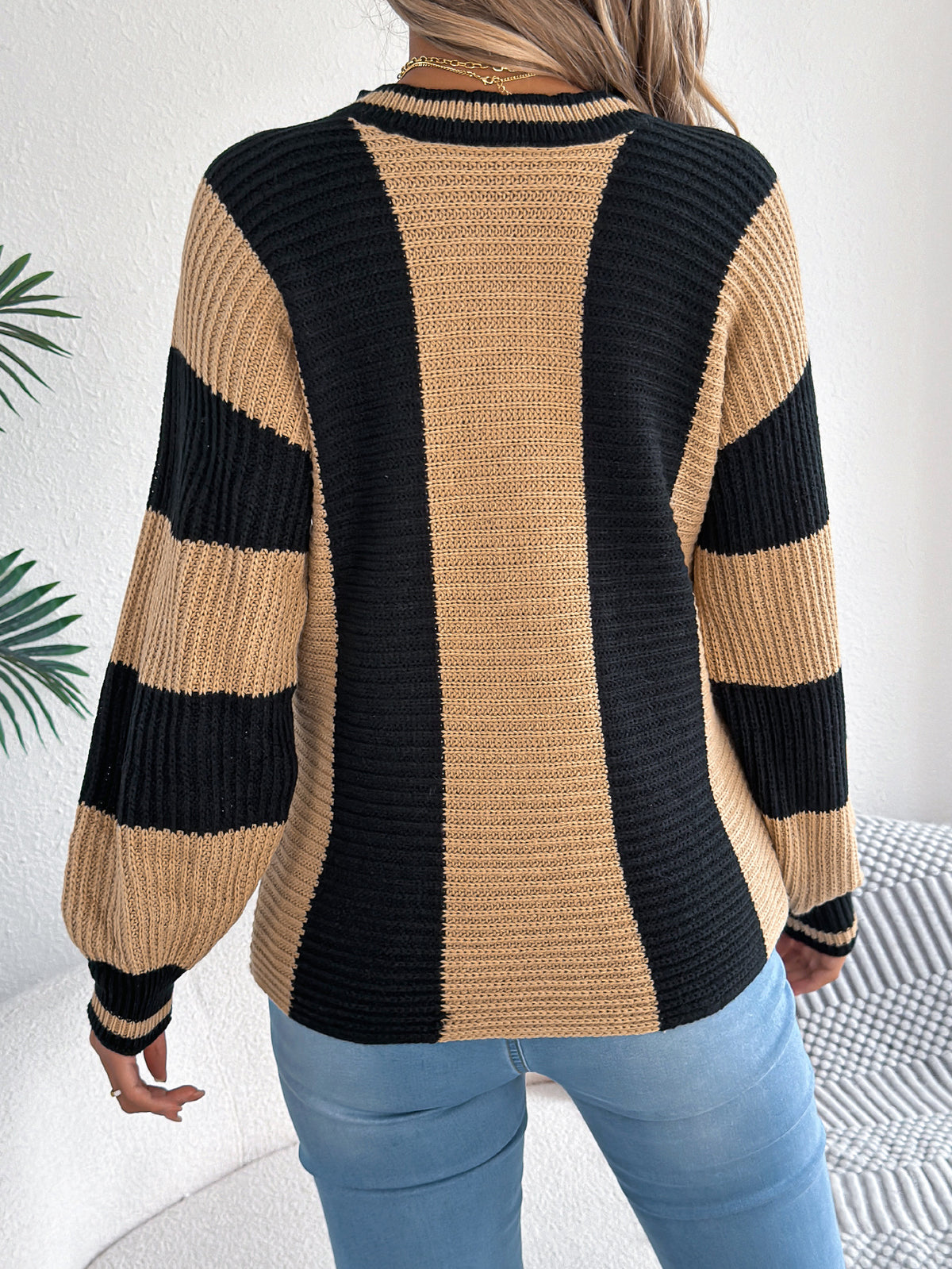 Women Casual Color Block Stripe Lantern Sleeve Pullover Sweater