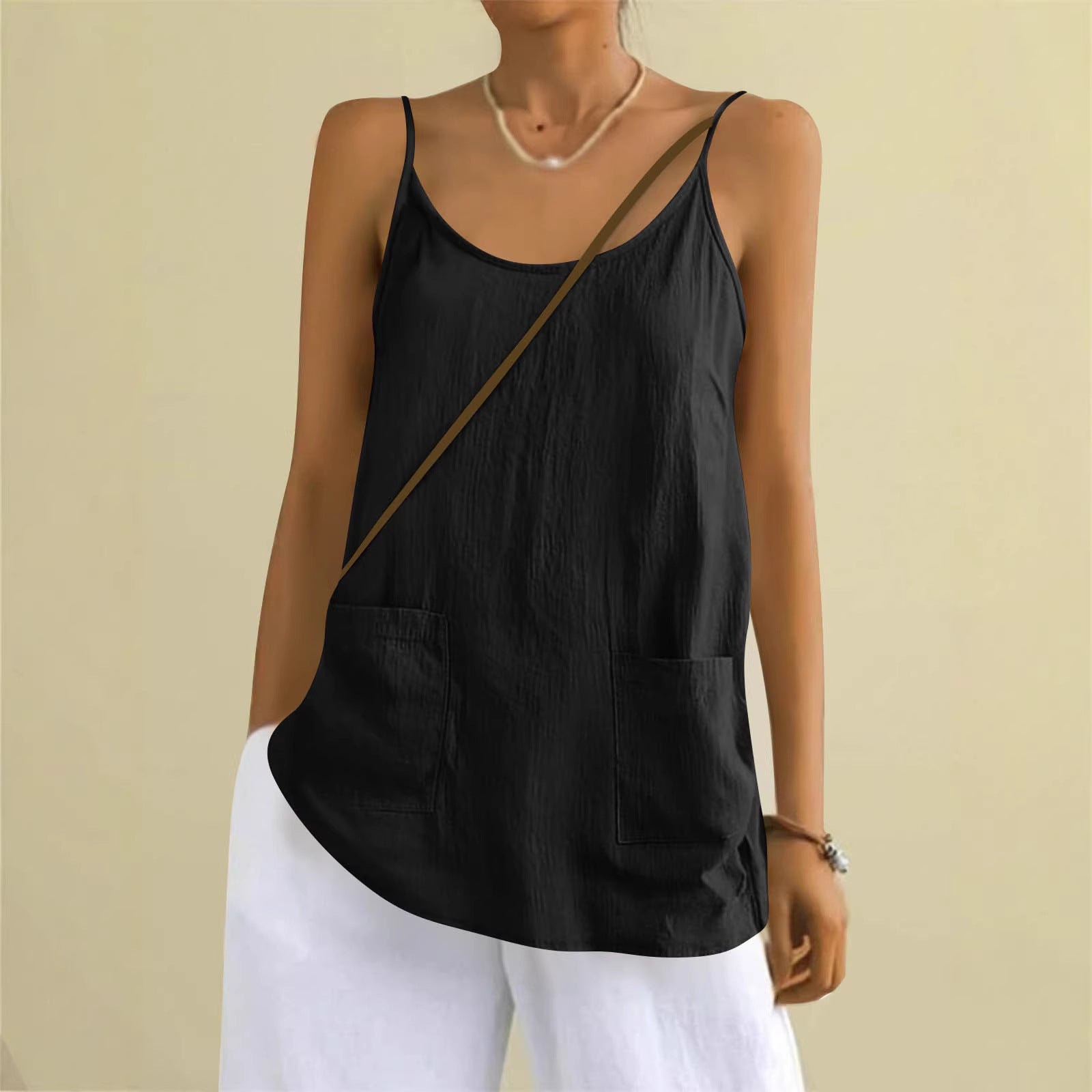 Cotton And Linen Camisole Womens Loose-Fitting Top With Pockets
