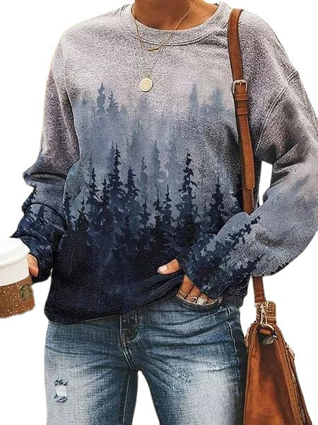 Floral Landscape Print Long Sleeve Pullover Sweatshirt