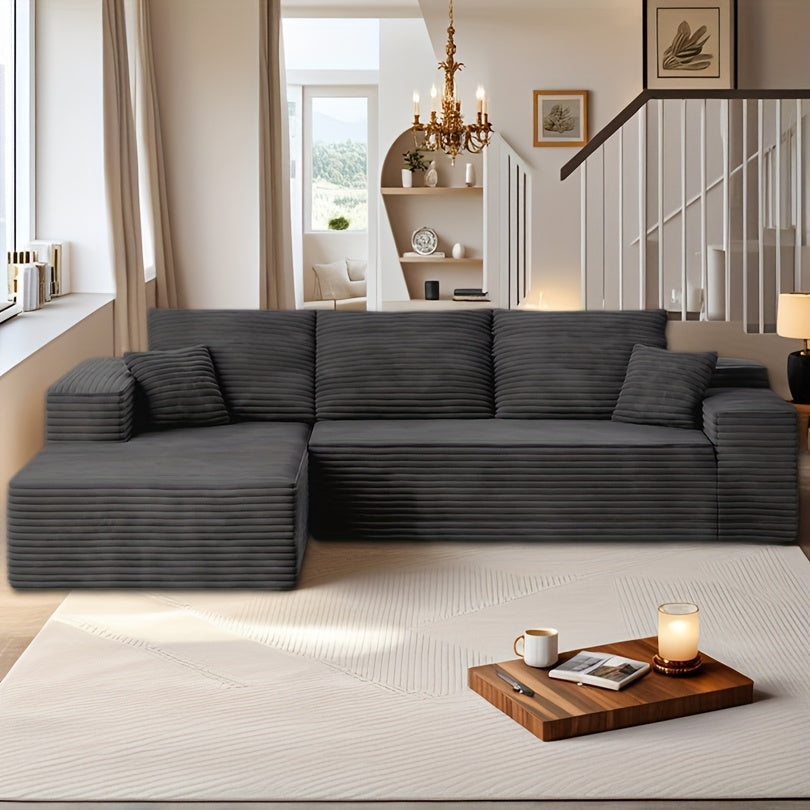 Modular L-shaped chaise longue sofa bed with deep seat and corduroy upholstery