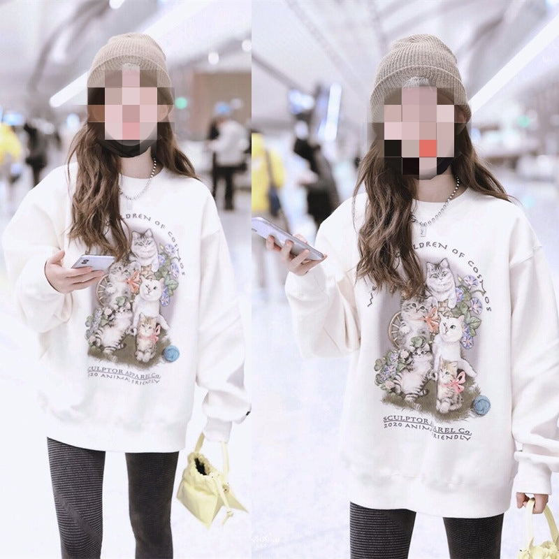 Cute Cartoon Round Neck Loose Mid-Length Cotton Sweater