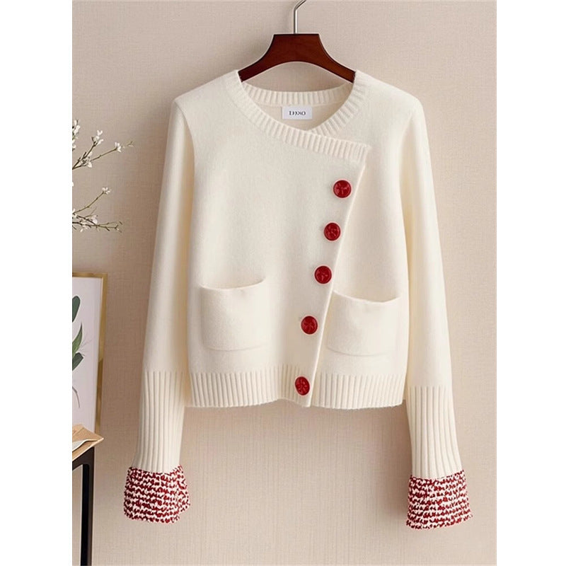 White Knitted Fabric Cardigan Sweater for Women