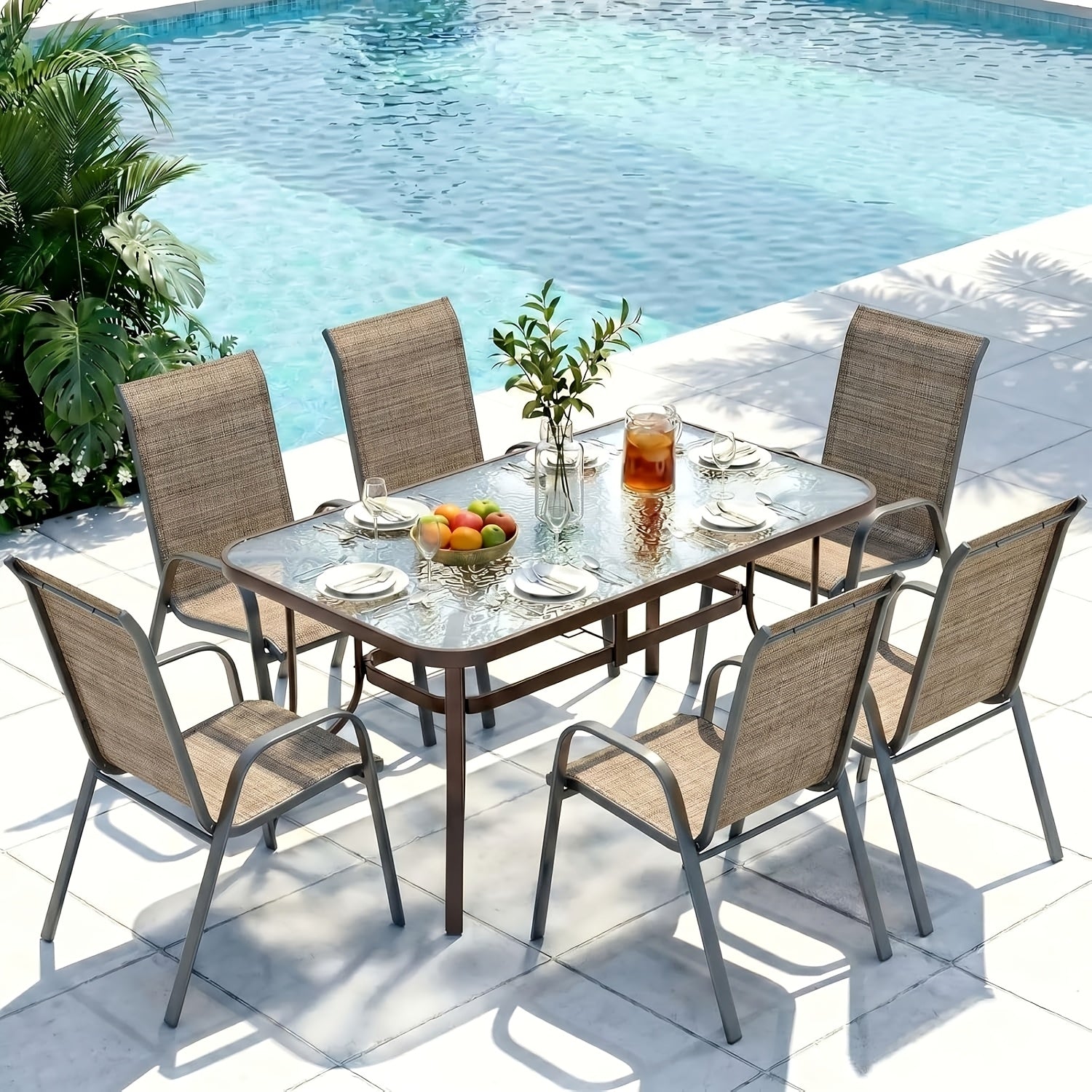 [All Weather Patio Set] Patio Dining Set for 6, Outdoor Table And Chairs W/ 1.69" Umbrella Hole, 30" X 55" Table And Stackable Textilene Chair, All Weather Patio Furniture Set (Umbrella Not Included)