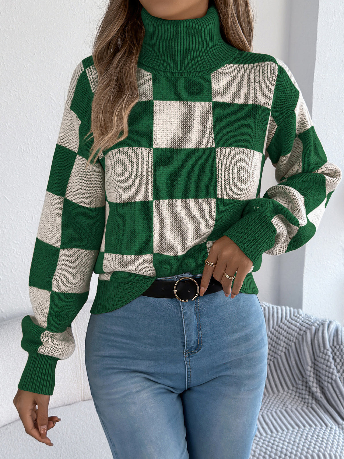 Women's High Neck Color-blocked Plaid Lantern Sleeve Sweater