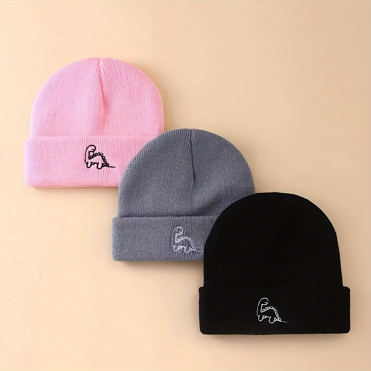 3‑Piece Mini Dinosaur Embroidered Knit Beanie Set – Brimless Warm Hat for 0‑3 Years