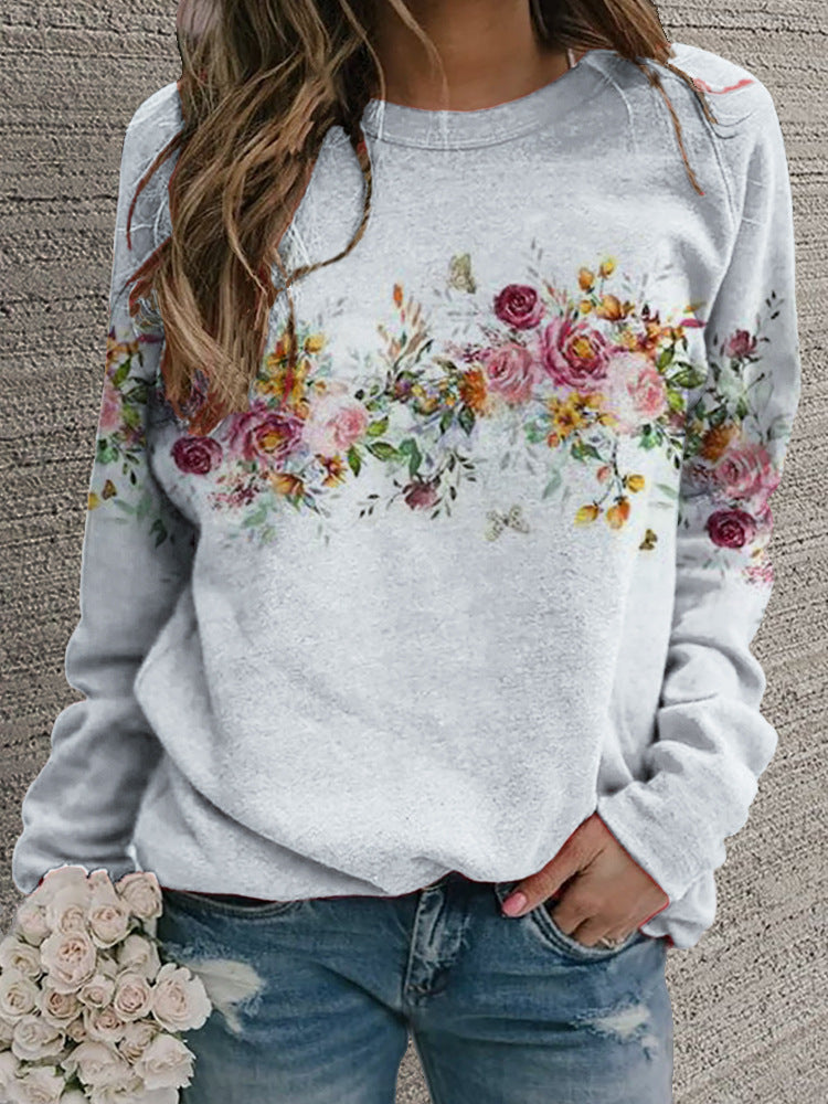 Women's Retro Floral Round Neck Casual Sweater