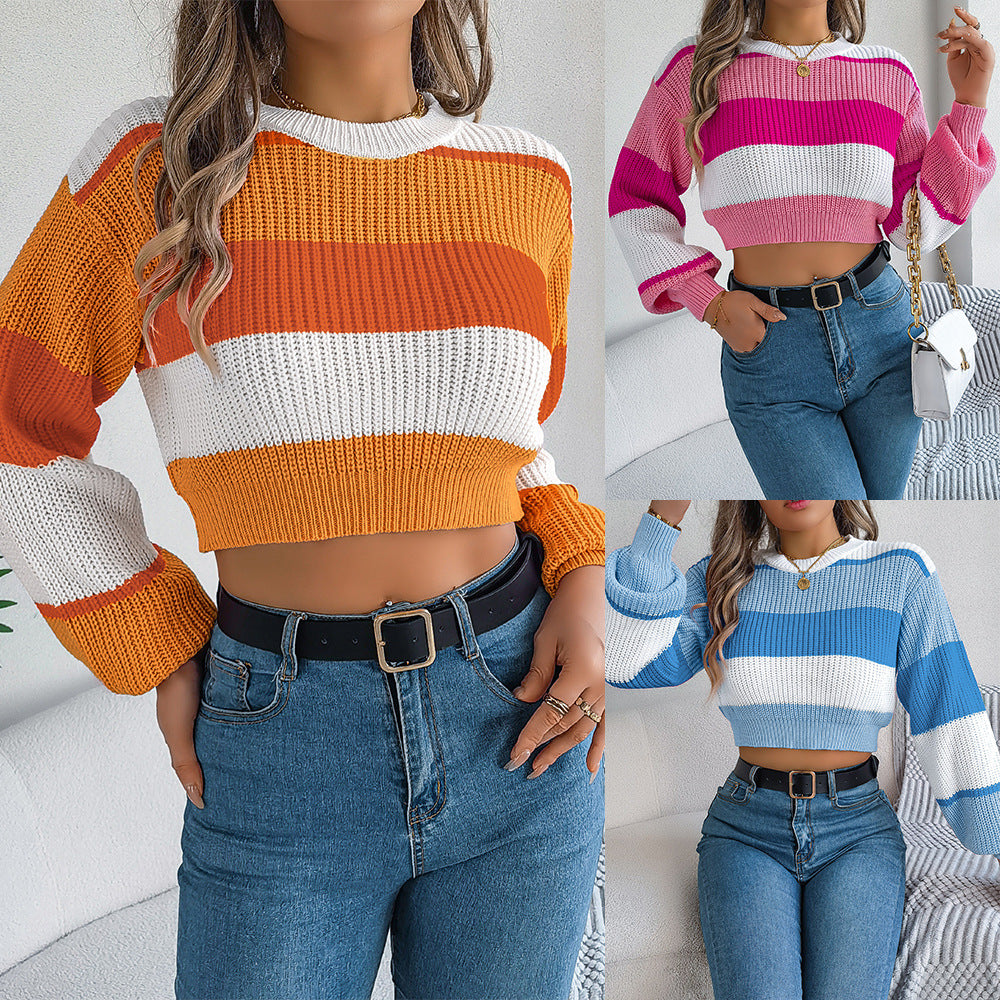 Autumn and Winter Leisure Color Matching Lantern Sleeve Pullover Midriff-baring Sweater