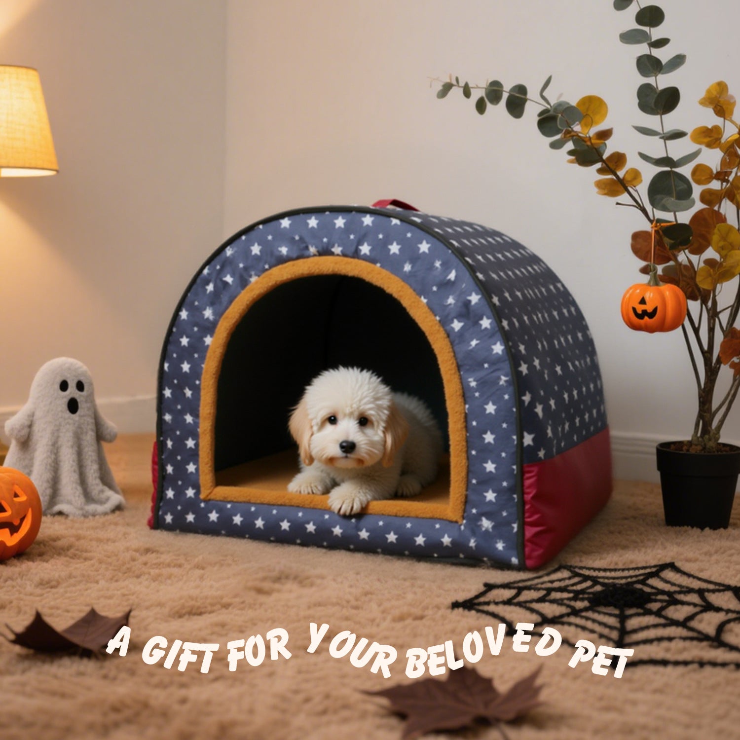 All-Season Two-In-One Warm & Cool Removable Washable Dog Bed - Grey & Blue Star House-Shaped Pet House With High Quality, Soft Pad For Small/Medium/Large Dogs, Indoor/ Use, No Assembly Required (Pu...