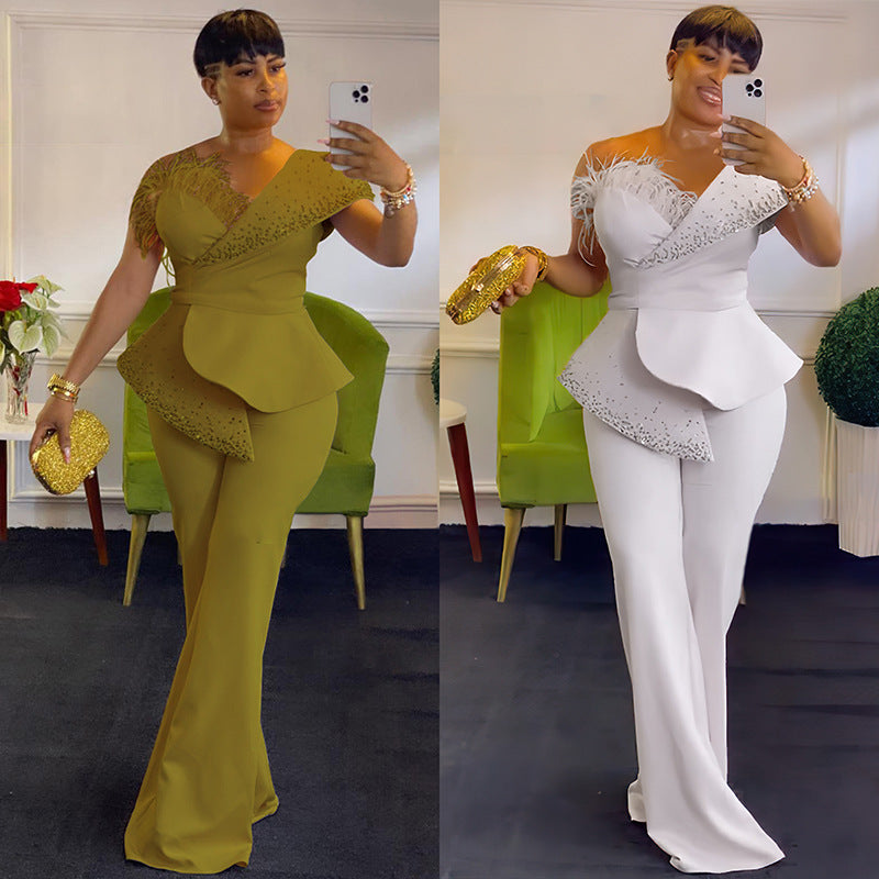 Feather Off-Shoulder High Waist Casual Jumpsuit