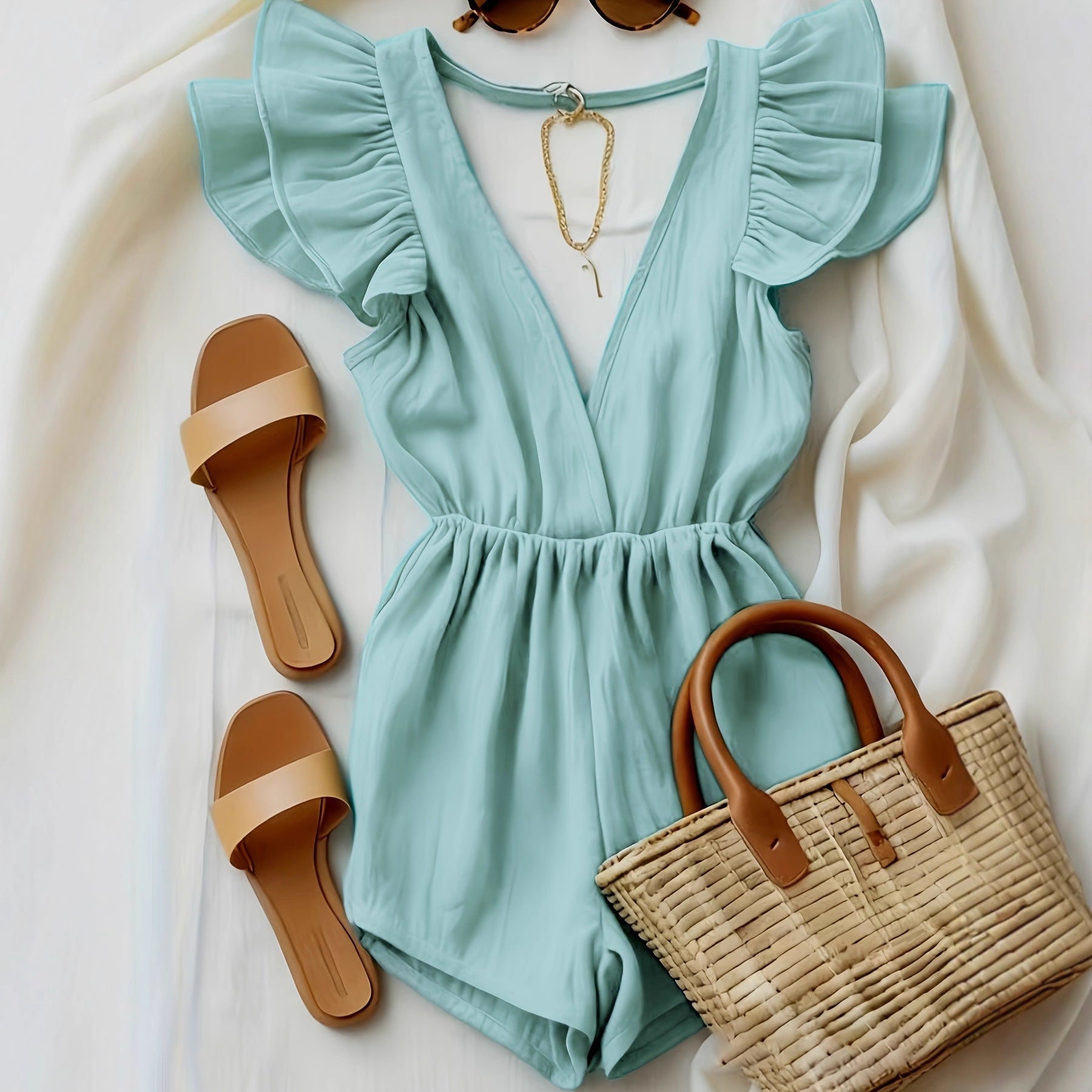 Fashionable Ruffled Deep V-Neck Backless Jumpsuit For Women