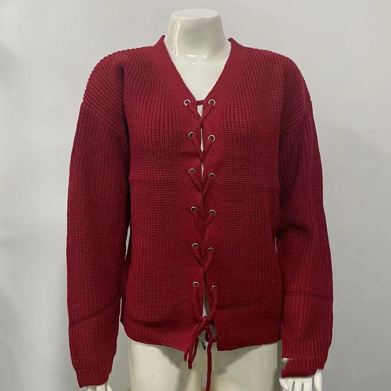 Solid Color and V-neck Hollow Out Tied Knitted Sweater
