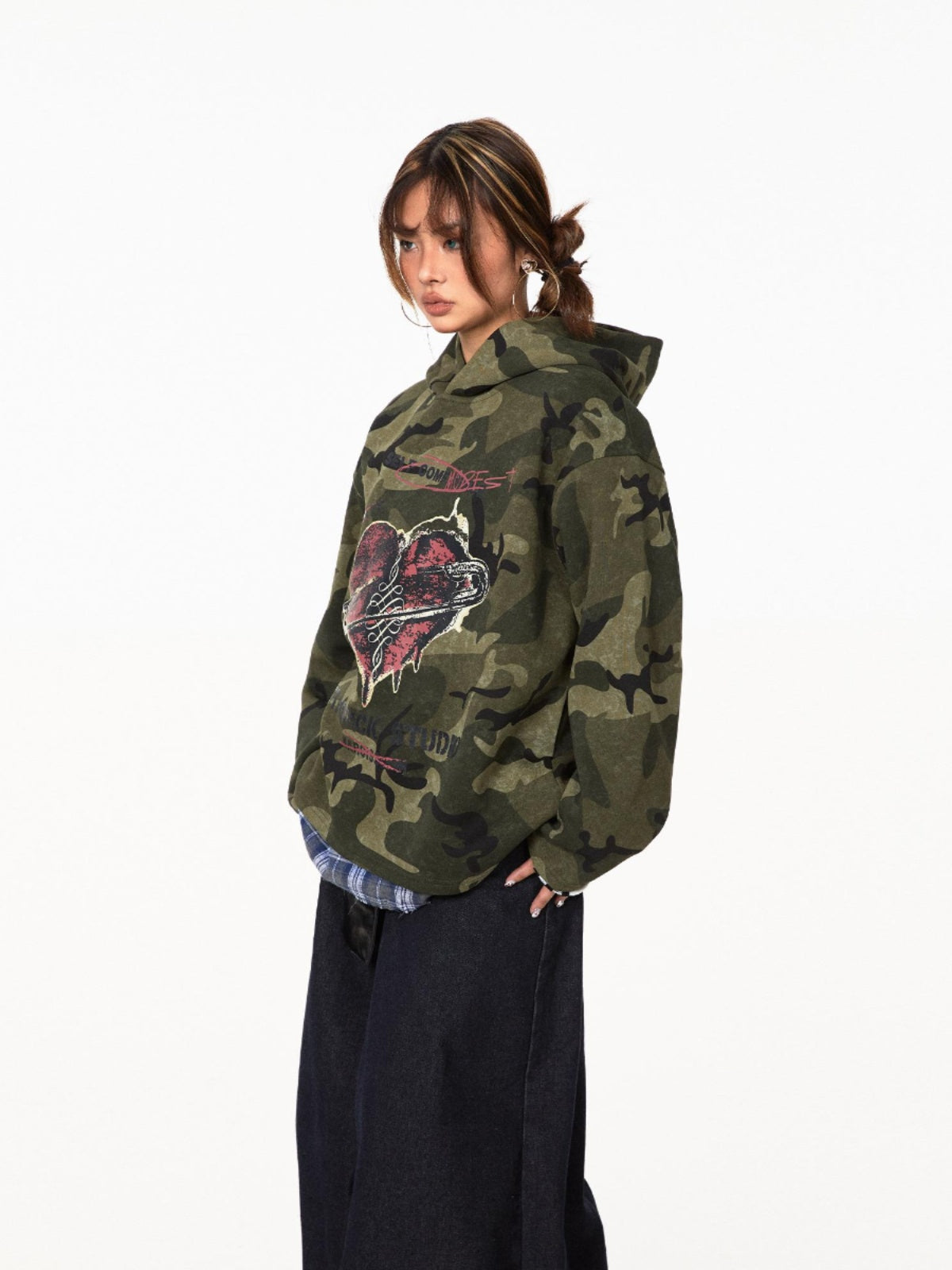 Retro Love Camouflage Hoodie Loose Pullover Top