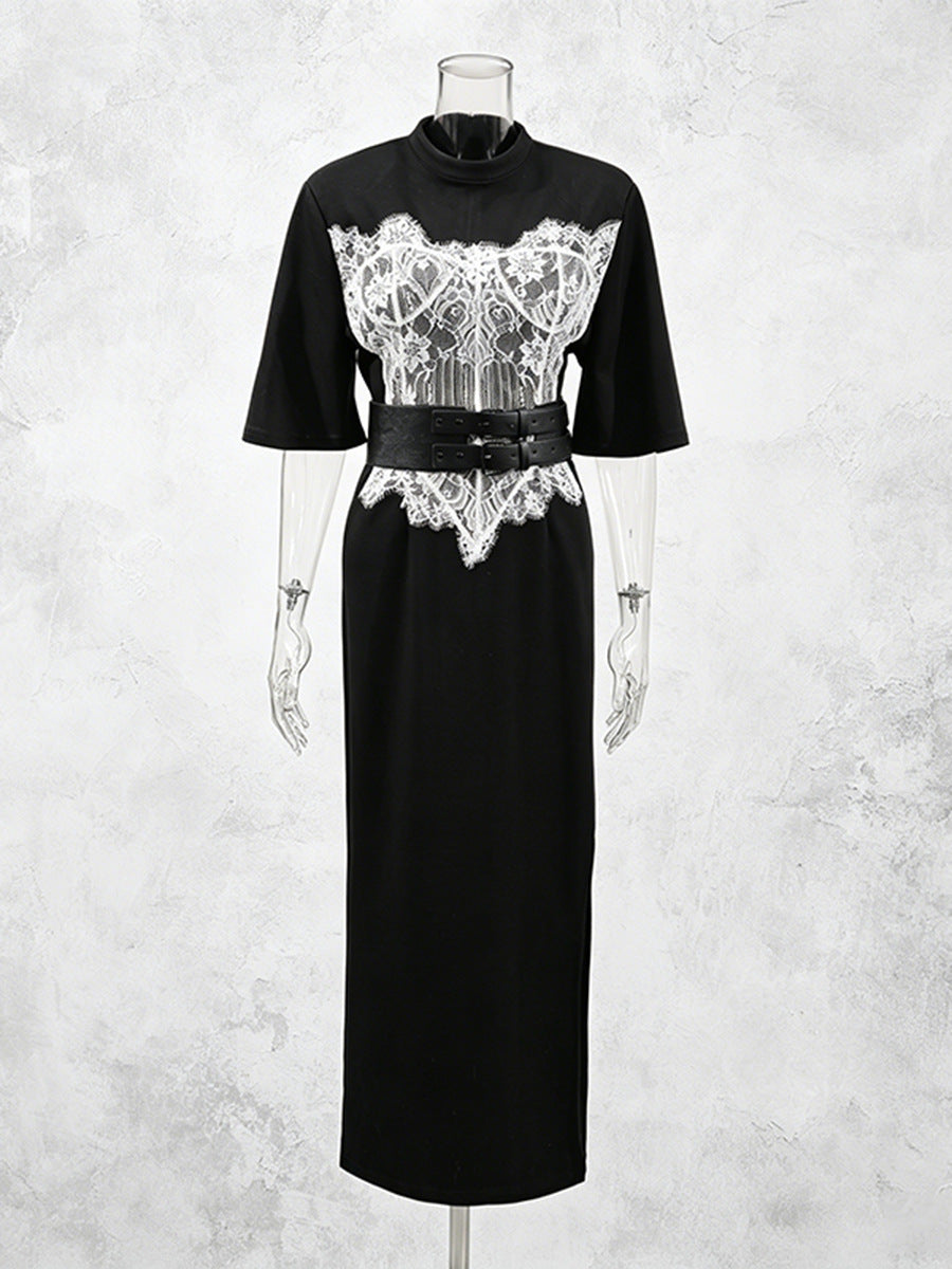 Contrast Lace Corset Panel Midi Bodycon Dress with Wide Belt