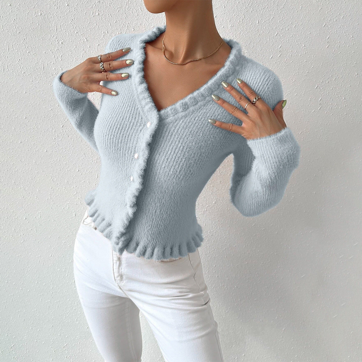 Knitted Cardigan Gentle Temperament Wooden Ear Pearl Buckle Sweater for Women