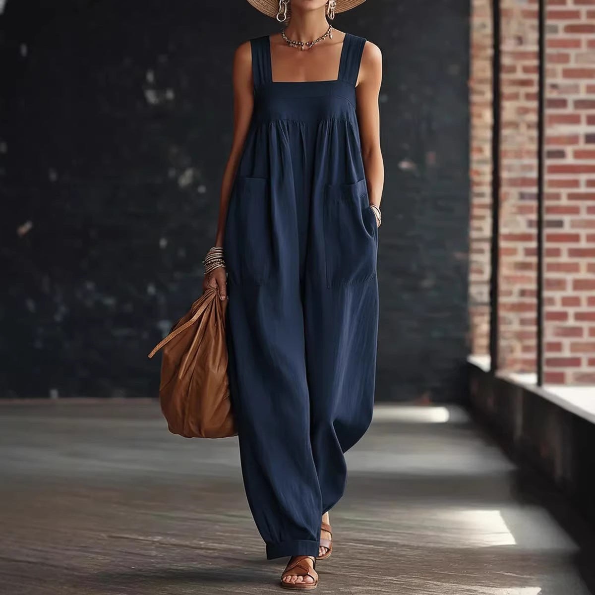 Elegant Solid Pocketed Women's Linen Jumpsuit