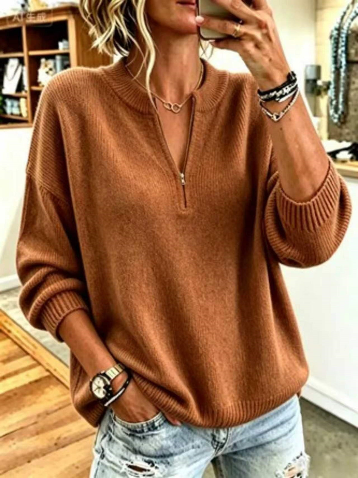 Korean-style Casual Stand-collar Half-zip Sweater for Women