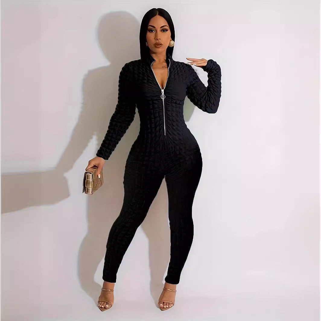 Solid Color Casual Popcorn Seersucker Zipper Jumpsuit