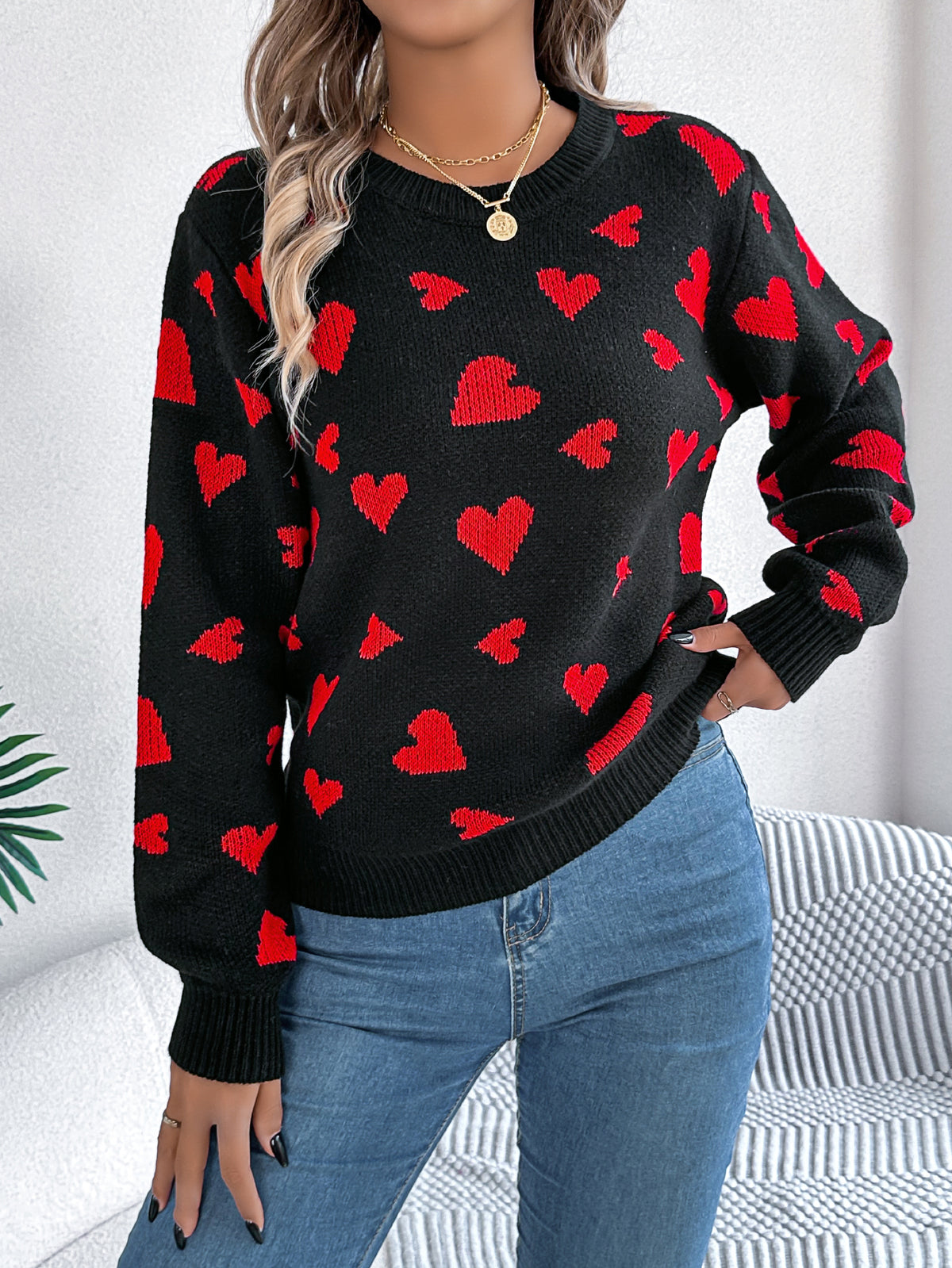 Women Casual Color Block Heart Lantern Sleeve Pullover Sweater