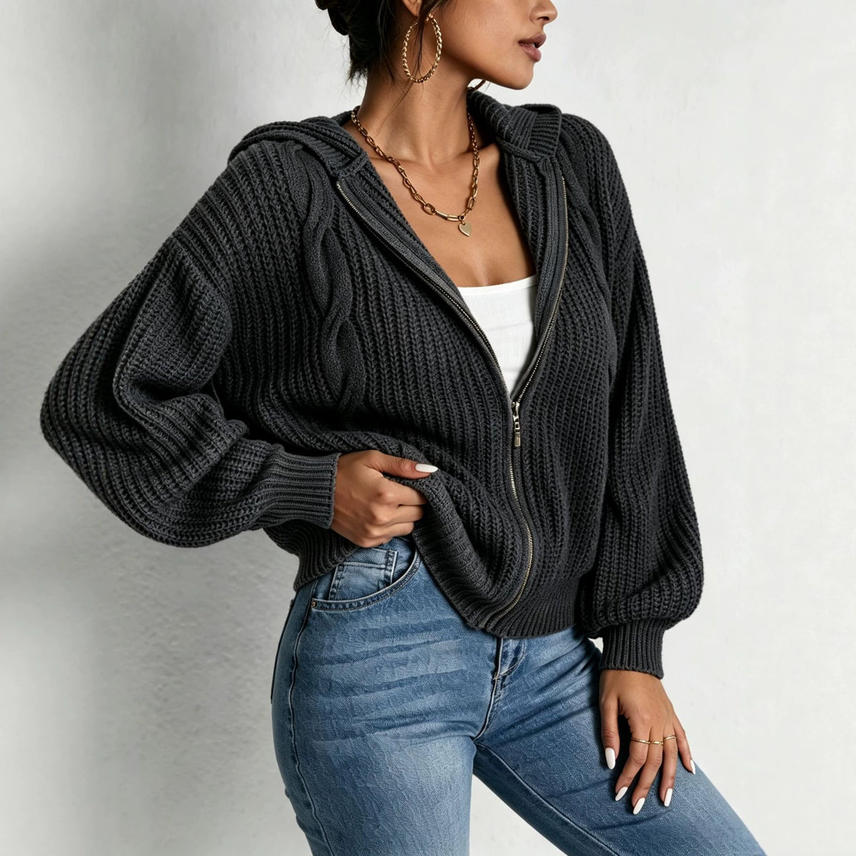 Autumn Womens Fallwinter Hooded Sweater Cardigan Solid-color Knitted Outerwear Top
