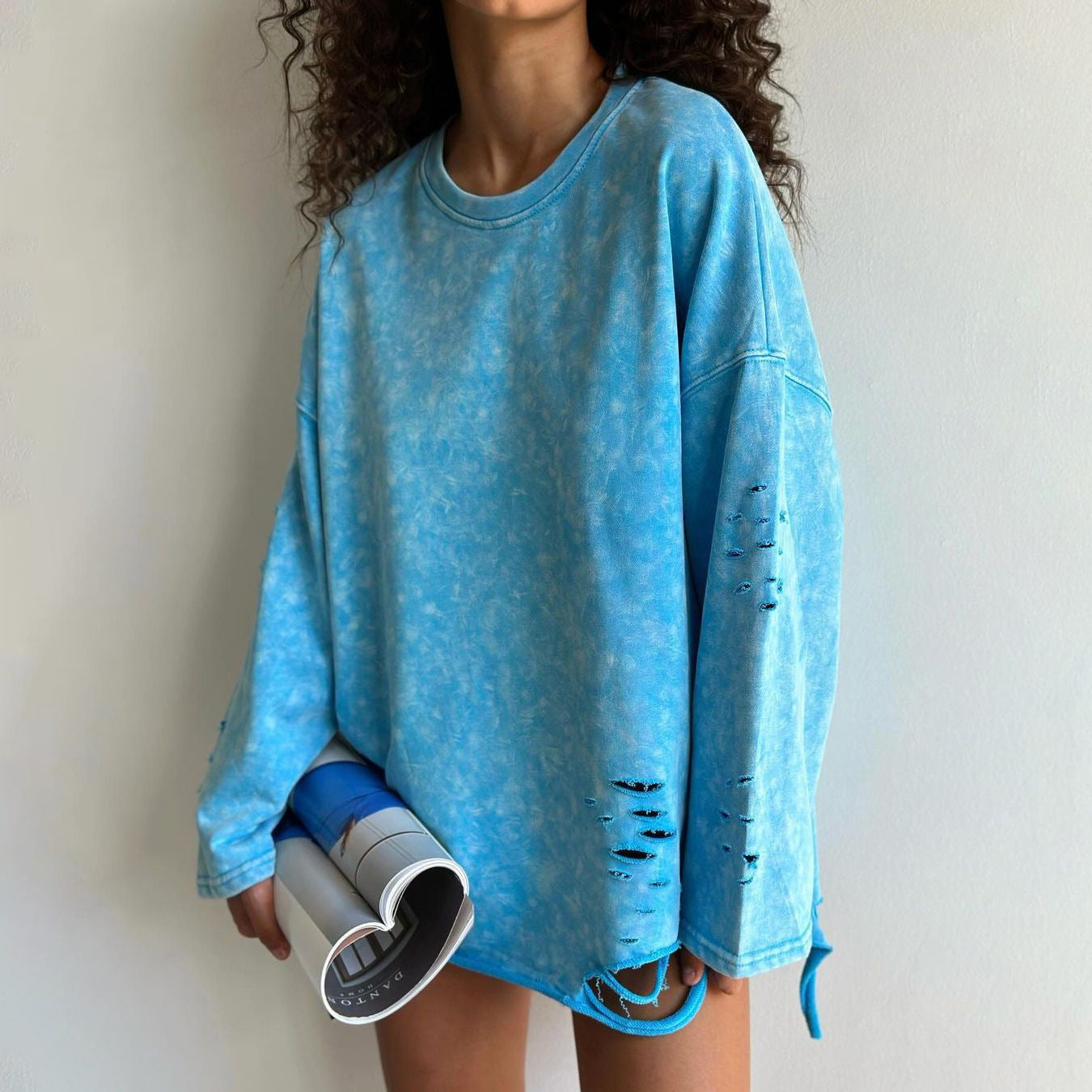 Women's Distressed Crew Neck Knit Sweater