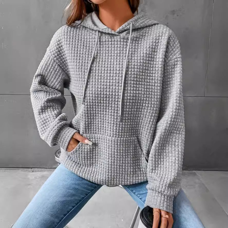 Women's Plaid Pocket Long Sleeve Solid Hoodie