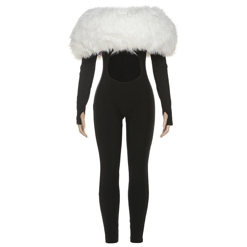 Sexy Off-Shoulder Furry Stitching Long Sleeve Jumpsuit