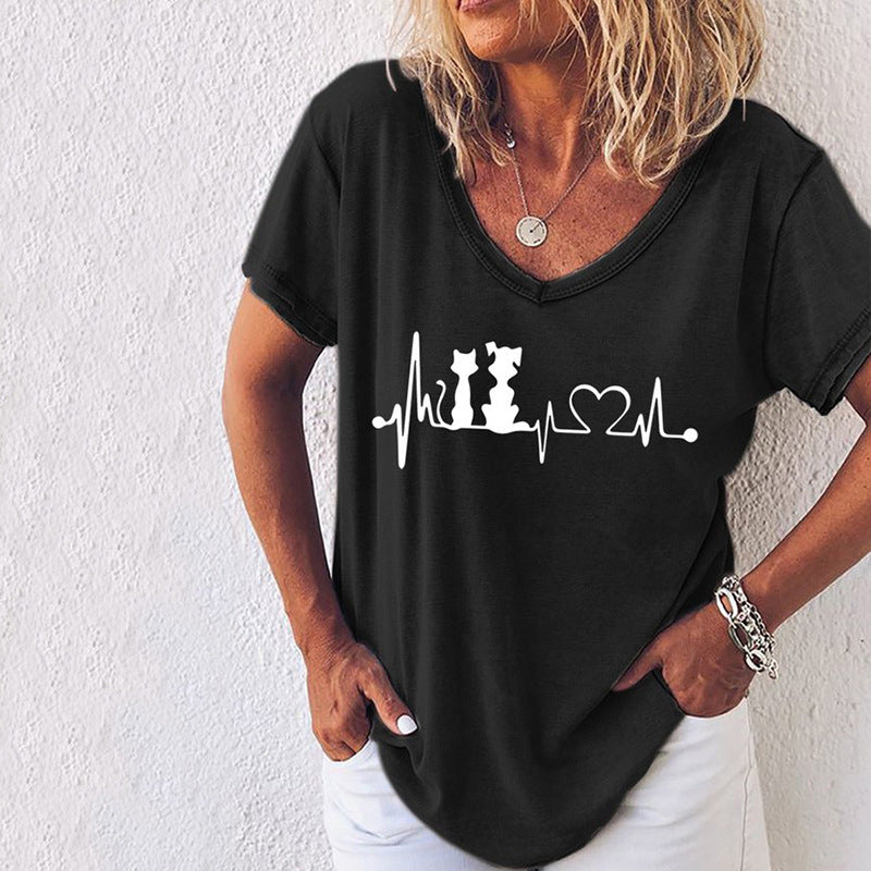 Women's 3D Printed Loose V-Neck Short Sleeve Top
