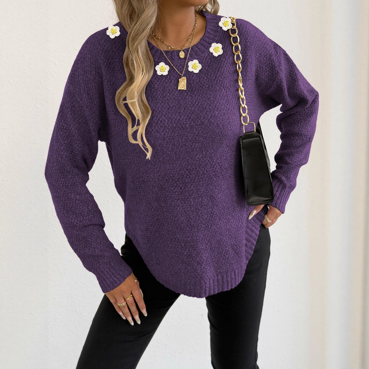 Women's Crochet Patchwork Round Neck Comfort and Casual Sweater