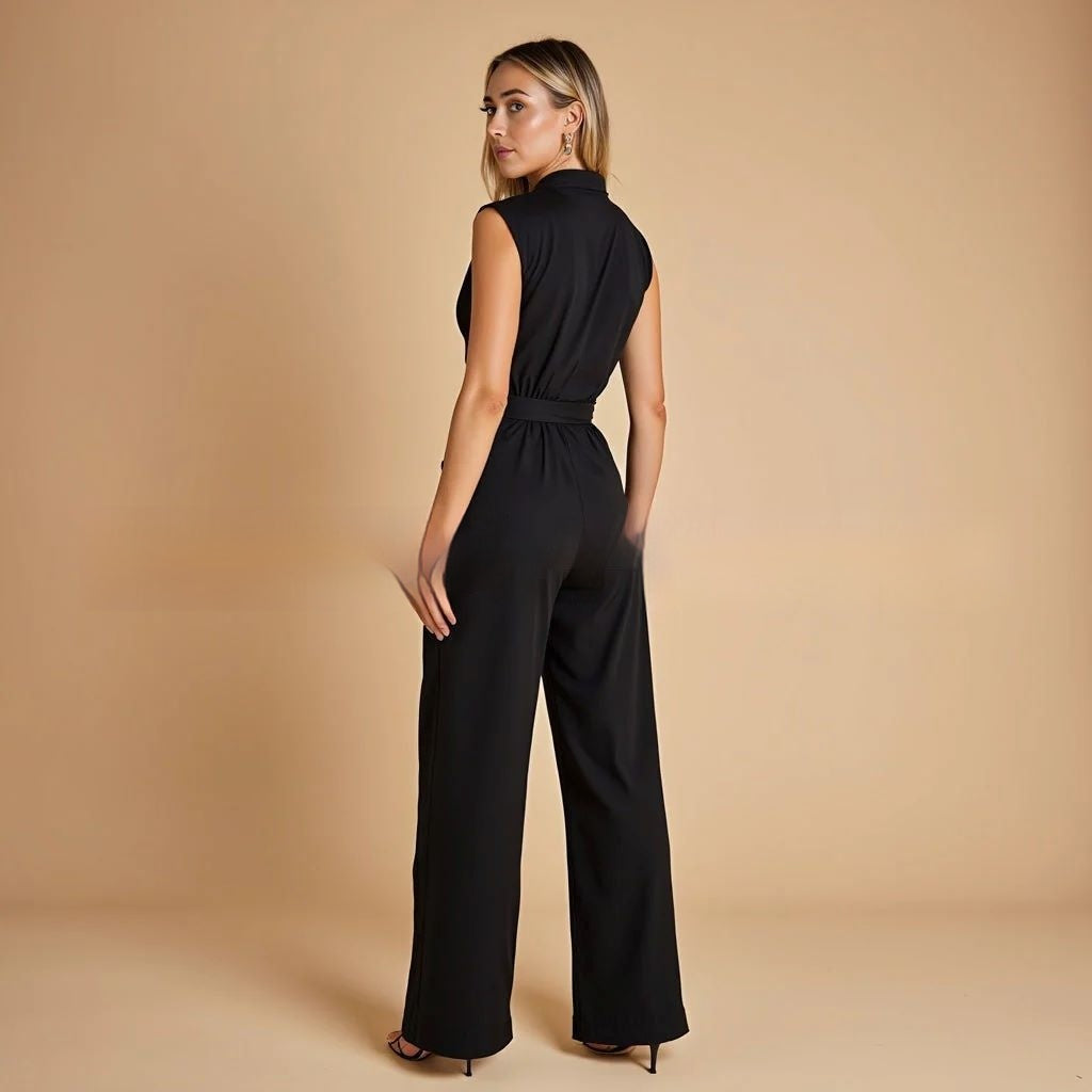 Elegant Strap-waist Cinched Jumpsuit With A V-neck And No Sleeves