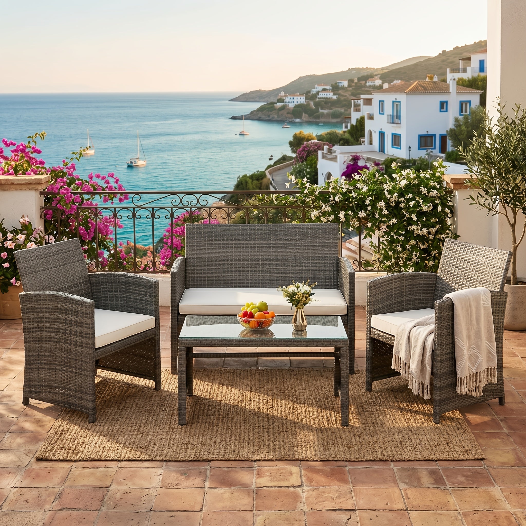 [Rattan Chat Set] SUNLEI 4pcs Rattan Chat Set for Outdoors, Featuring a Tempered Glass Coffee Table, Comfortable Cushions, And Rattan Chairs Ideal for Gardens, Backyards, And Pool Areas