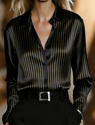 Urban Luxury Style Satin Collar Long-sleeved Shirt For Women