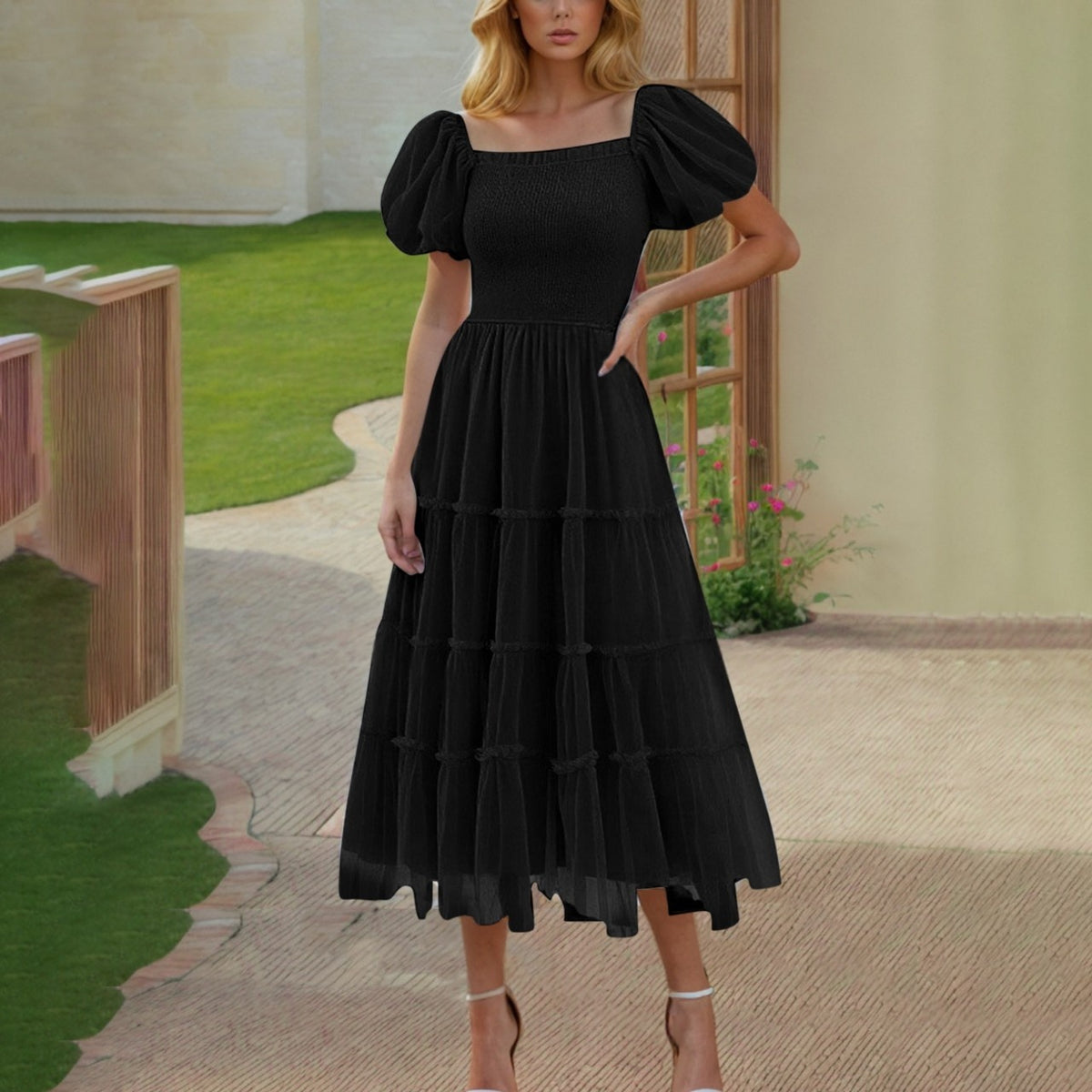 Square-neck Ruffled Casual Sheer Long Dress