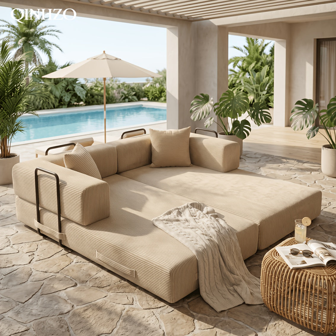 [Mother's Day Gift] 76.38-Inch Boneless Compressed Modular Sofa, Premium Corduroy L-Shaped Recliner, Convertible Into a King-Size Bed, High-Density Foam, High-Strength Vacuum Compression with Corduroy Material, Pool Party Sofa, Mother's Day Gift