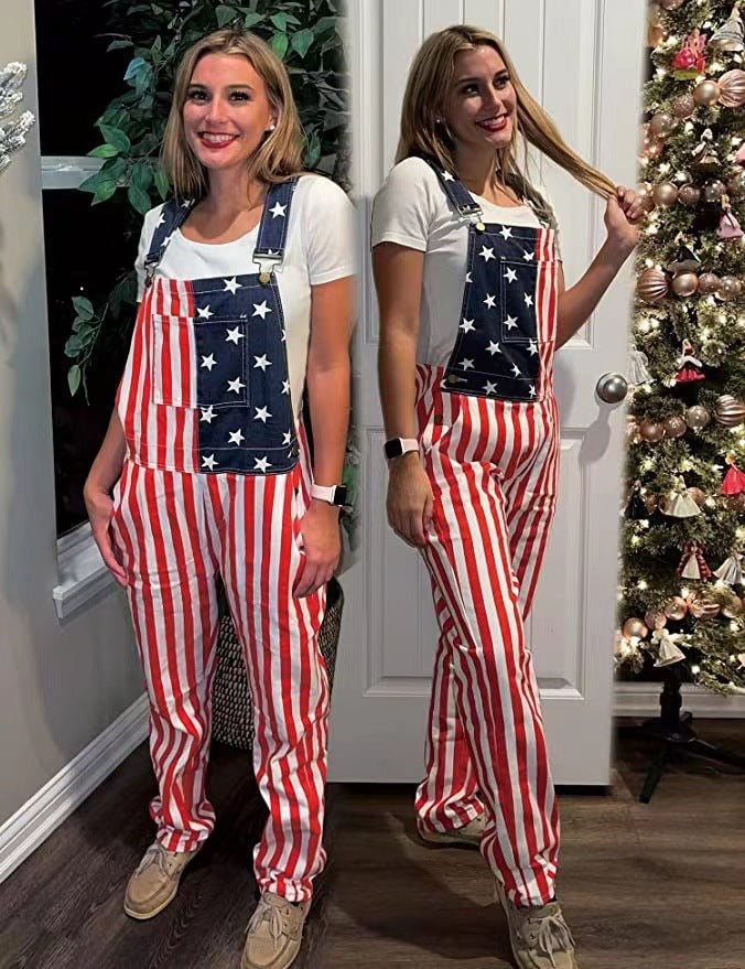 American Flag Denim Couple Overalls & Patriotic Suspender Pants