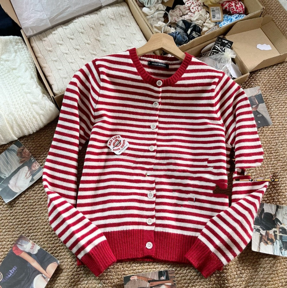 Korean-style Red Striped Knit Cardigan for Women in Autumn